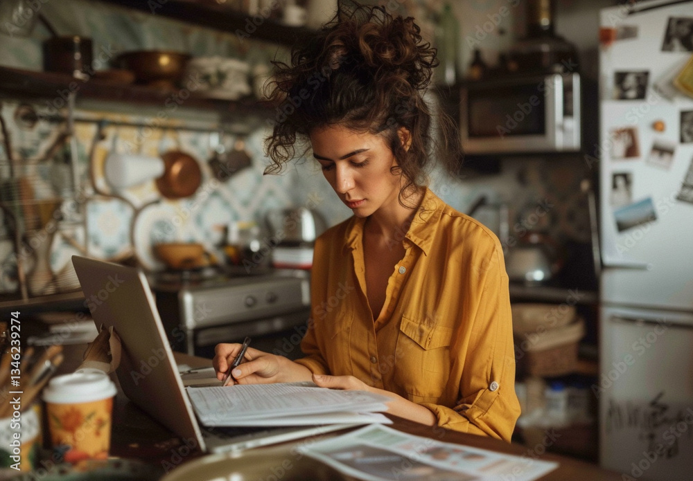 Fototapeta premium Young woman working from home in a cozy kitchen setting