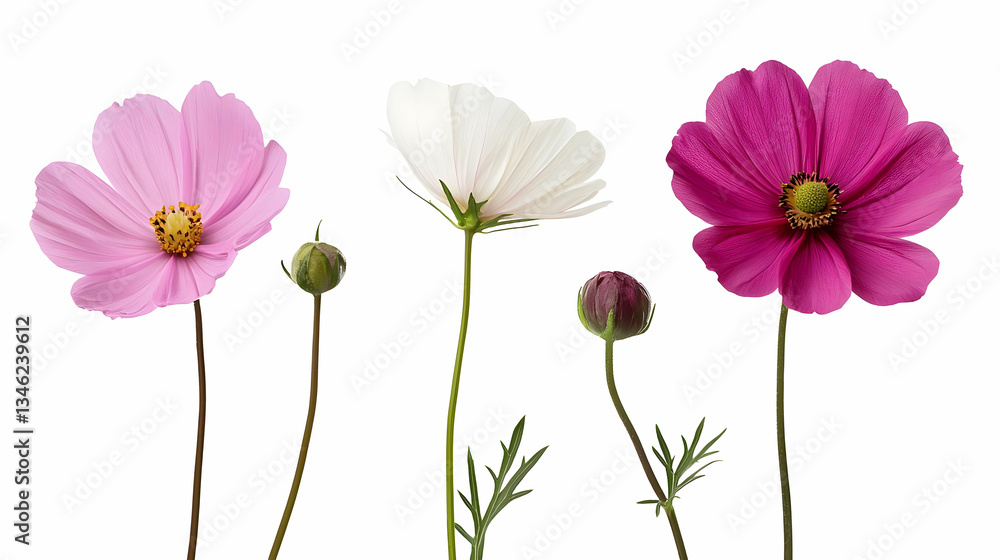 Pink White And Purple Cosmos Flowers Isolated On White Background Pink White And Purple Cosmos Flowers Isolated On White Background