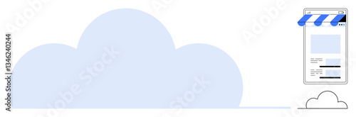 Cloud graphic alongside smartphone showing e-commerce storefront with blue-striped awning and product layout. Ideal for cloud storage, e-commerce, digital retail, online shopping, technology