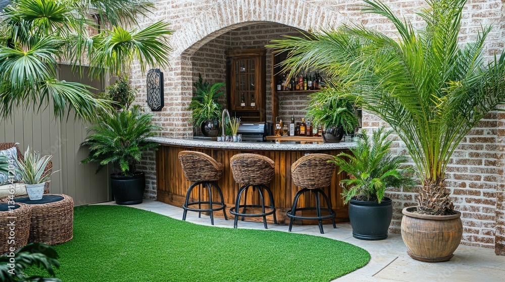 Fototapeta premium A backyard bar area on artificial grass, complemented by potted palm trees