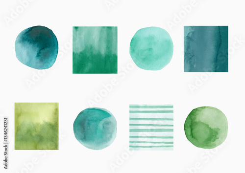 Green watercolor elements, watercolor circles and squares, handmade. Shades of green. Collection, watercolor set.