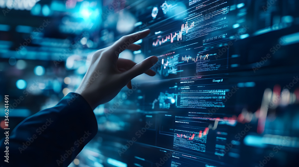 stock market where investors manipulate floating, glowing data streams with gestures stock market where investors manipulate floating, glowing data streams with gestures