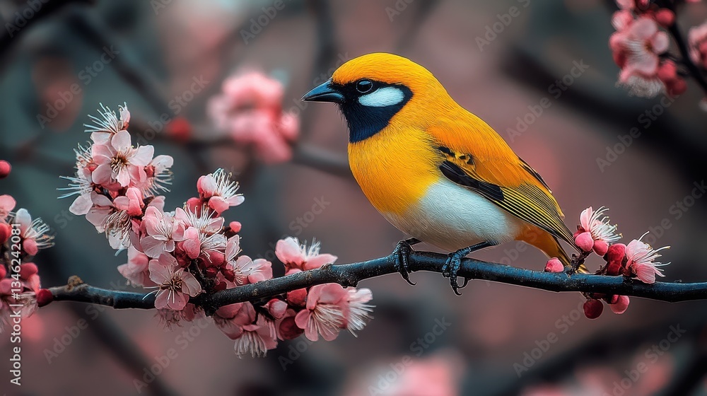 A vibrant yellow bird perched on a blooming branch of pink flowers A vibrant yellow bird perched on a blooming branch of pink flowers