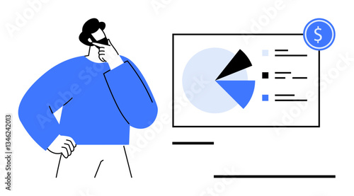 Professional thoughtfully examines financial pie chart data on screen. Ideal for business strategy, finance, analysis, decision-making, planning, education, presentations. Flat simple metaphor