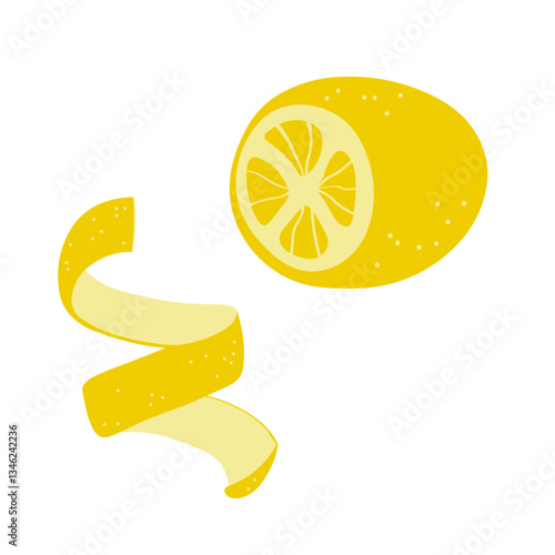 Vector illustration of lemon with zest on isolated background in flat style. Hand drawn half of citron and peel. Food and drink, ingredient for cooking, baking. Design element for label, card, sign