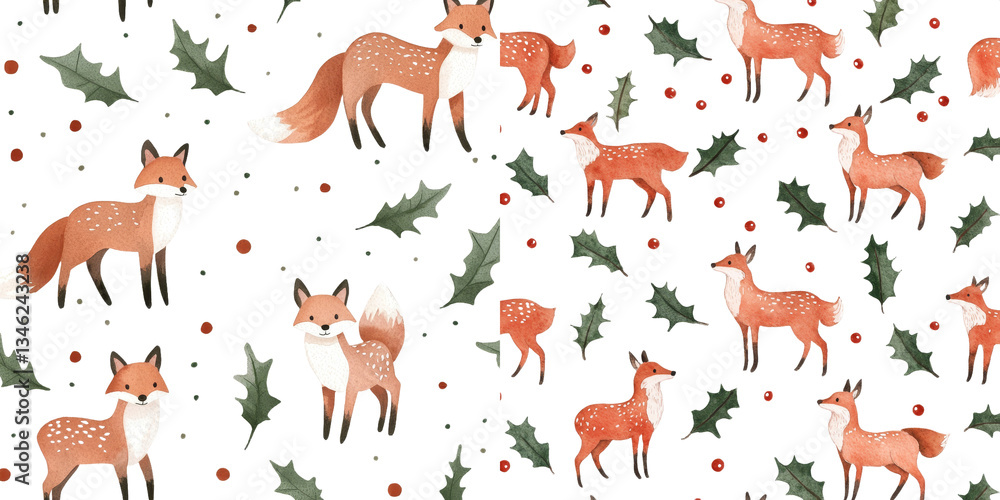 Digital paper with a seamless pattern of deer, fox, and holly set against a winter background, illustrated in a watercolor style for Christmas Digital paper with a seamless pattern of deer, fox, and holly set against a winter background, illustrated in a watercolor style for Christmas