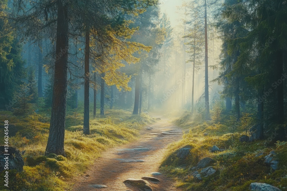 Obraz premium A tranquil forest path illuminated by golden light in the early morning mist