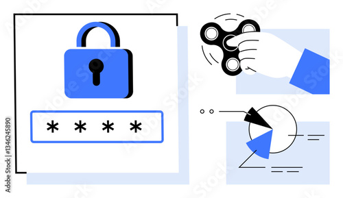 Lock with password input highlights security, hand holding fidget spinner adds focus concept, and chart emphasizes data analysis. Ideal for cybersecurity, analytics, focus, privacy, teamwork