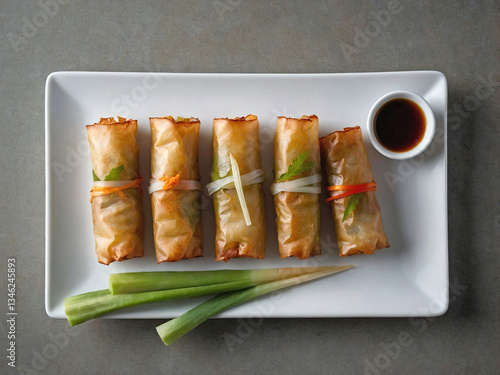 A clean and crisp top-down view of a white plate with perfectly fried spring rolls