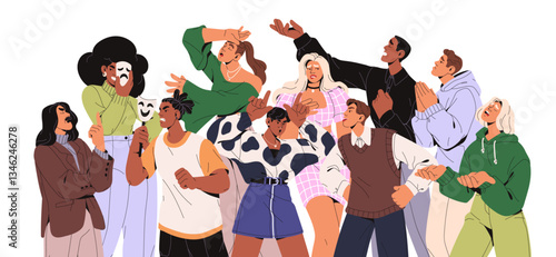 Crowd of actors and actresses play artistic roles in theater. Theatrical troupe, performers show different expressions and emotions. Acting skills and art. Flat isolated vector illustration on white