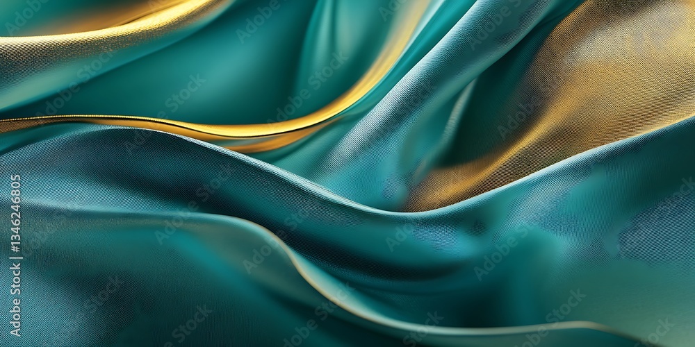 Fototapeta premium Serene teal silk fabric elegantly draped, shimmering with golden highlights, a luxurious textile dream in soft, flowing waves.