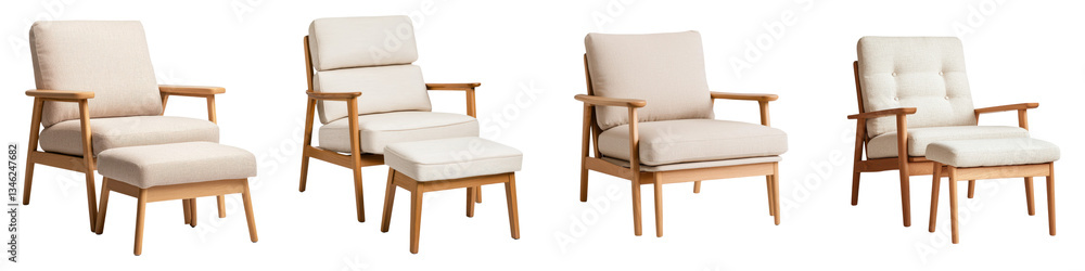 A curated collection of modern wooden armchairs with plush neutral toned upholstery offering both style and comfort for a cozy relaxing living space A curated collection of modern wooden armchairs with plush neutral toned upholstery offering both style and comfort for a cozy relaxing living space