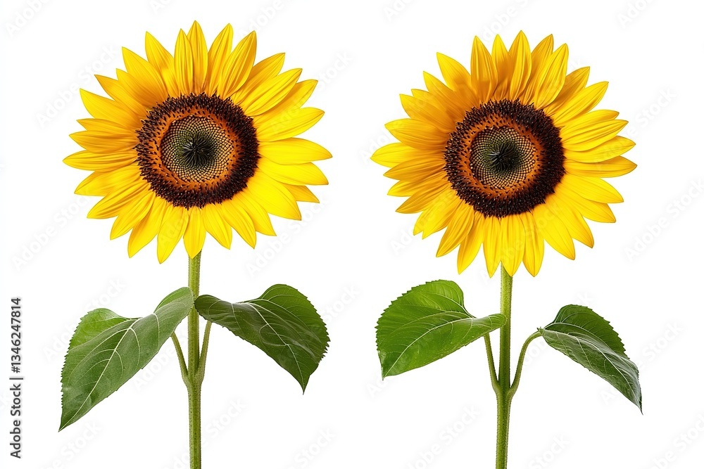 Obraz premium Two Vibrant Sunflowers Isolated on White Background, Summer Floral Photography