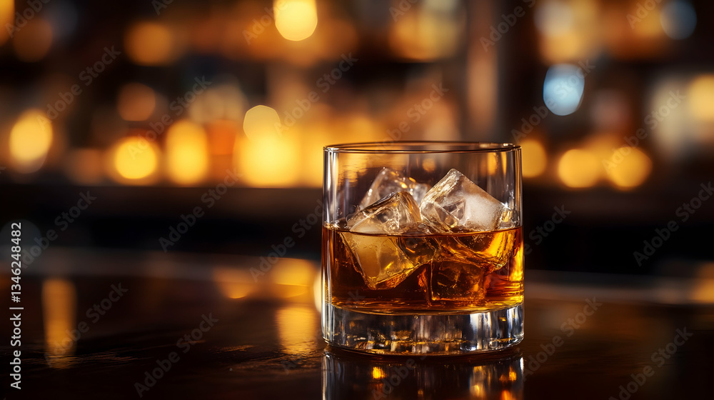 Glass of whiskey with ice on a bar counter with warm lighting Glass of whiskey with ice on a bar counter with warm lighting