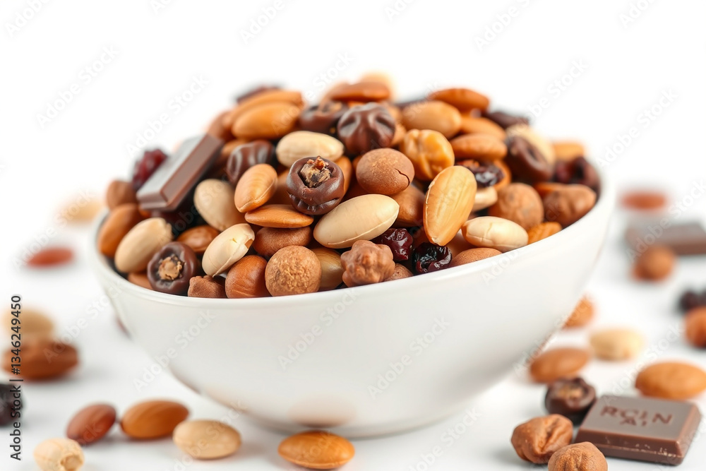 Healthy trail mix image featuring almonds, peanuts, raisins, and chocolate candies, fast-food image isolated white background Healthy trail mix image featuring almonds, peanuts, raisins, and chocolate candies, fast-food image isolated white background
