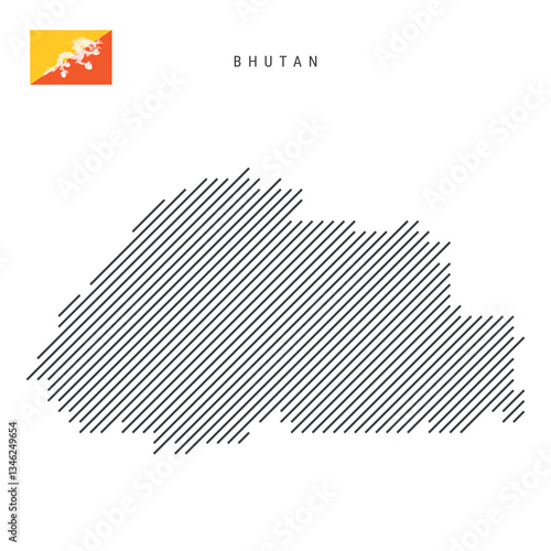 Bhutan map from pattern of black slanted parallel lines. Bhutanese map with gray diagonal lines. Silhouette of a country made of oblique hatching. Vector illustration isolated on white.