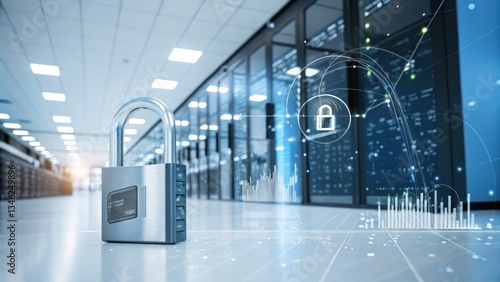 A secure data center with a large padlock in the foreground, emphasizing data protection and security. Lines of servers extend into the background.
