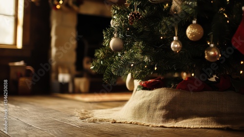 Rustic Christmas tree base with ornaments, burlap tree skirt, wooden floor, cozy room.