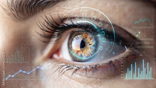 a close-up of a woman's eye, showcasing digital analysis overlays, visualizing data and technological concepts. The iris is a captivating blend of colors, and the eyelashes add to the beauty