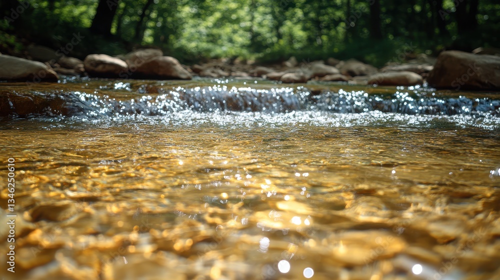 Fototapeta premium Sparkling sunlight illuminates a shallow stream over smooth river rocks