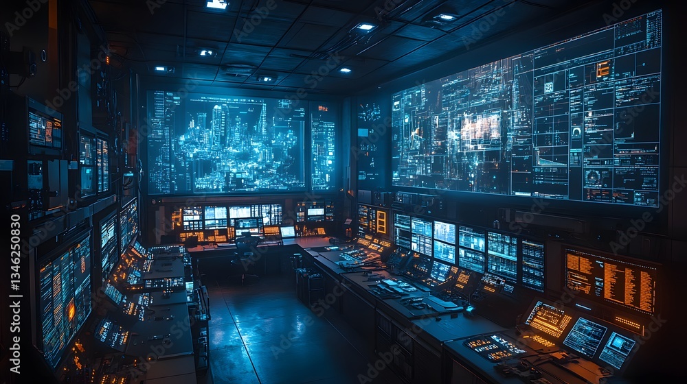 A futuristic cybersecurity command center filled with monitors displaying complex data streams and network activity. Oil Production Process Theme Background A futuristic cybersecurity command center filled with monitors displaying complex data streams and network activity. Oil Production Process Theme Background