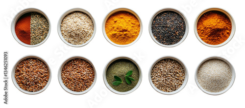 A clay pot contains an assortment of grains including oats, corn, quinoa, wild rice, and other cereals, all on a white background