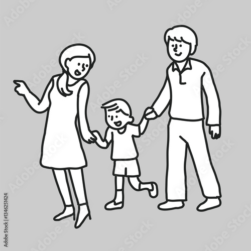 Family walk mother father son line drawing vector