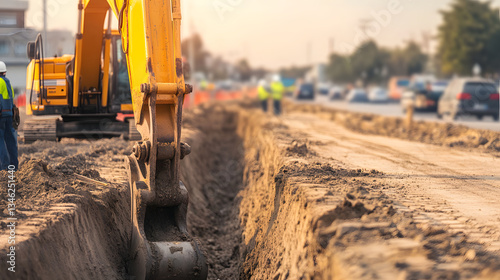 Excavator digging trench for utility installation on busy road, showcasing construction workers in safety gear. scene captures essence of urban development and infrastructure work