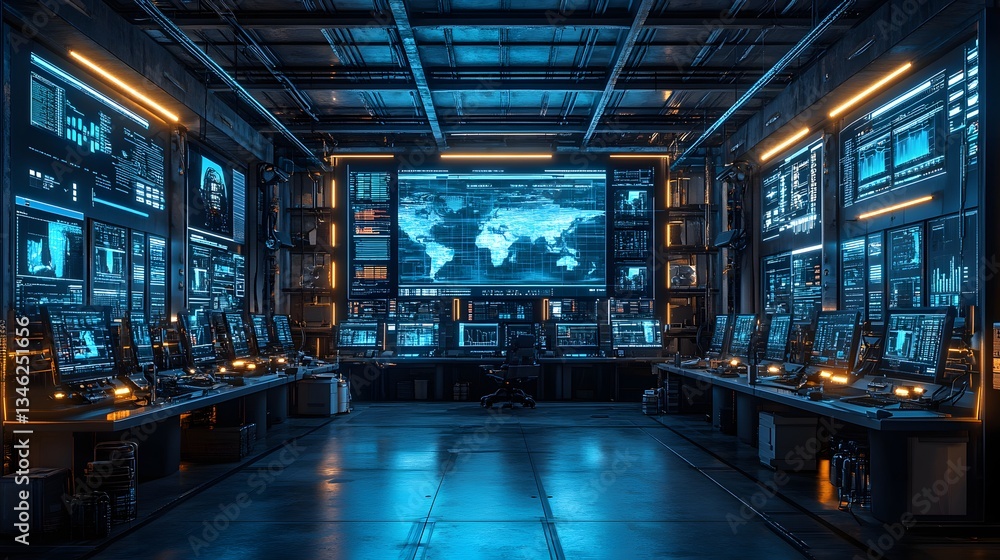 Image of a futuristic control room filled with monitors displaying global data. High-tech and advanced technology are evident. Oil Production Process Theme Background Image of a futuristic control room filled with monitors displaying global data. High-tech and advanced technology are evident. Oil Production Process Theme Background