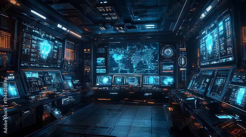 A futuristic control room filled with glowing digital displays and interfaces. The room's technology is advanced and high-tech. Oil Production Process Theme Background A futuristic control room filled with glowing digital displays and interfaces. The room's technology is advanced and high-tech. Oil Production Process Theme Background