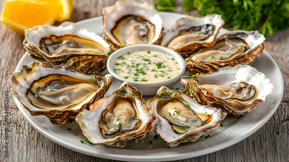 Fresh Oysters on a Plate with Lemon Wedge and Creamy Sauce Garnished Herbs Fresh Oysters on a Plate with Lemon Wedge and Creamy Sauce Garnished Herbs