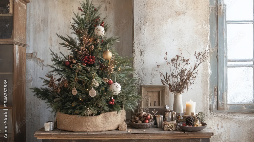 Rustic Christmas tree on old wooden table near window. Rustic Christmas tree on old wooden table near window.