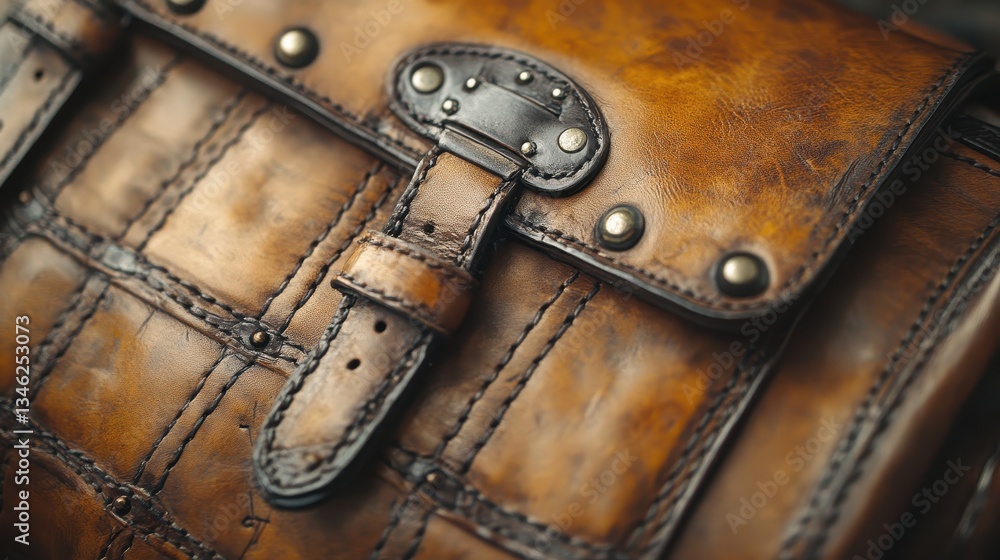 Close up view of a handmade leather satchel detail Close up view of a handmade leather satchel detail