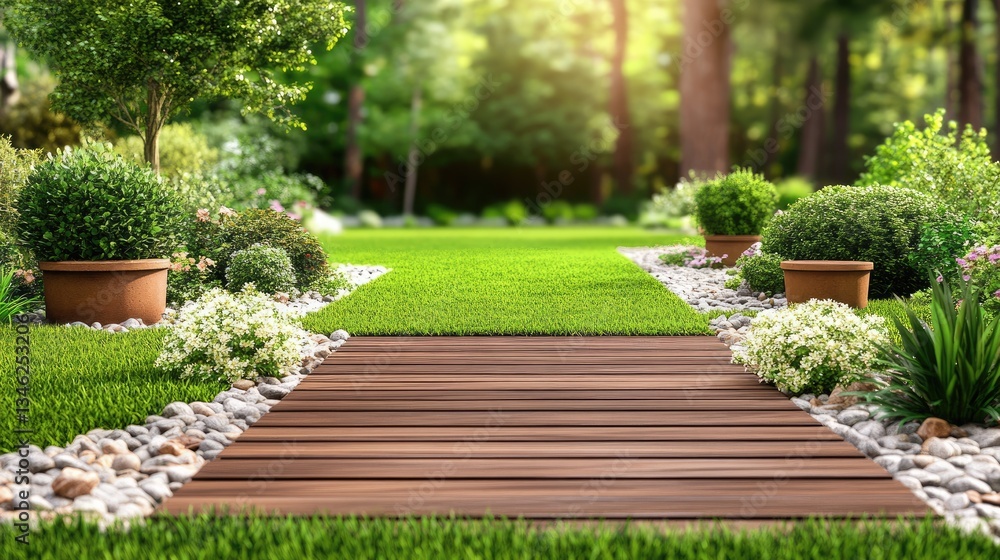 Fototapeta premium A combination of artificial grass and wooden decking with stylish plant pots
