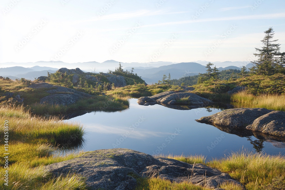Obraz premium High-altitude lake amidst rocky terrain in serene landscape