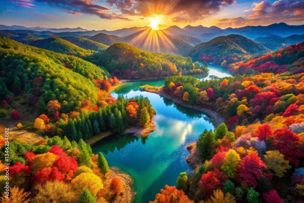 Naklejka premium Autumn Landscape with River at Sunrise