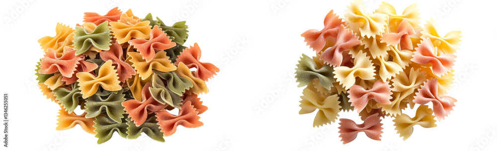Isolated on white, a pile of uncooked farfalle tricolore pasta made from durum wheat Isolated on white, a pile of uncooked farfalle tricolore pasta made from durum wheat