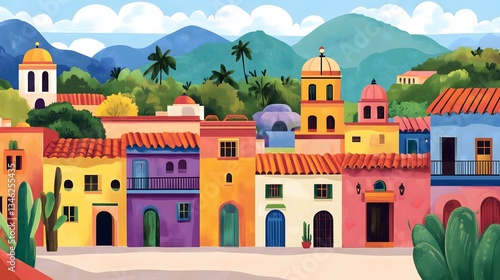 An illustration of colorful hacienda houses in a mountainous area