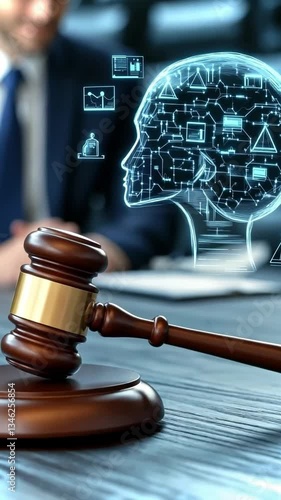 Judge holds gavel while contemplating legal decisions enhanced by technology in futuristic courtroom