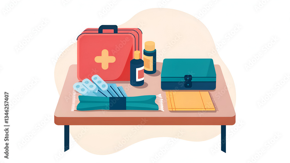 wound care products bandages Medical supplies arranged on a table, including a first aid kit and various bottles and tools. wound care products bandages Medical supplies arranged on a table, including a first aid kit and various bottles and tools.