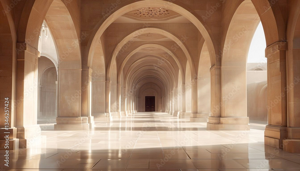 Architectural Corridor With Graceful Arched Doorways And Sunlight Architectural Corridor With Graceful Arched Doorways And Sunlight
