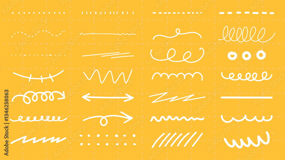 Collection of white hand-drawn lines on a yellow background. Includes wavy lines, zigzag lines, and curly lines. Perfect for design, sketch, and doodle projects. White doodle elements, vector set.