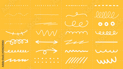 Obraz na płótnie Collection of white hand-drawn lines on a yellow background. Includes wavy lines, zigzag lines, and curly lines. Perfect for design, sketch, and doodle projects. White doodle elements, vector set. w salonie