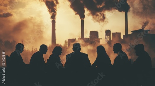 Silhouette of people in a meeting with smokestacks and pollution in the background representing environmental issues and climate change.