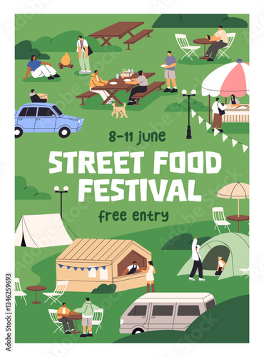 Open air festival event poster design. Promotion template of street food fest in park with tents, stalls, tables and trucks. Summer entertainment outdoors, funfair at nature. Flat vector illustration