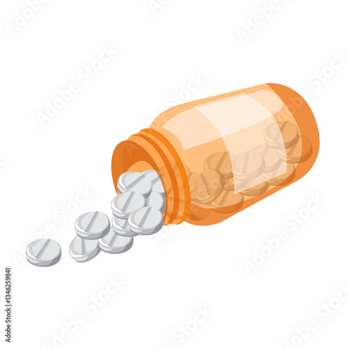 Pills, tablets spill out of the container, packaging. Can be used in pharmaceutical marketing materials, blogs or articles, websites and e-commerce platforms selling medications or health products