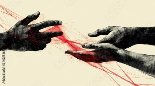Two hands reaching out with red thread connection, abstract art, symbolic of human connection and relationships, minimalist design, emotional and conceptual theme