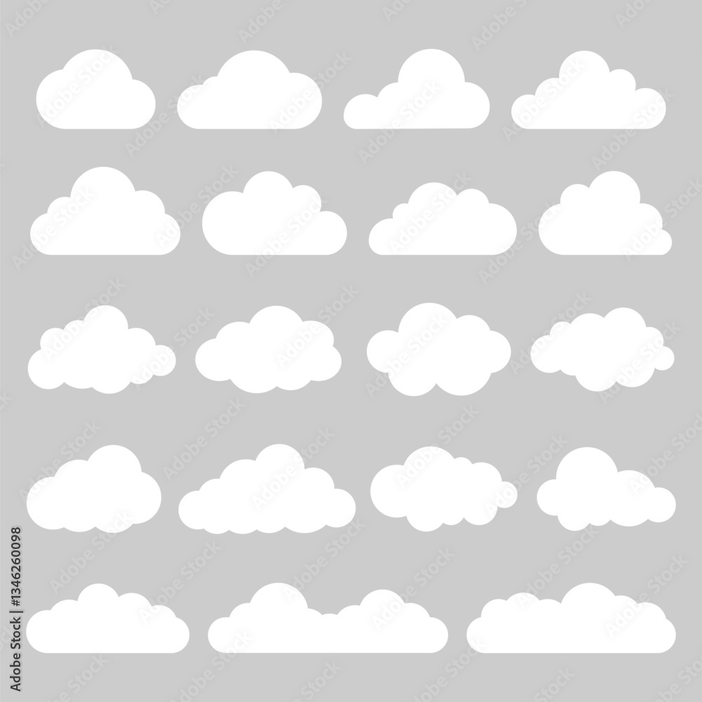 Set of 20 white cloud icons on a gray background. Various cloud shapes in a grid. Cloud icons for weather, design, or decoration. Simple cloud graphics. Weather illustration, vector set. Set of 20 white cloud icons on a gray background. Various cloud shapes in a grid. Cloud icons for weather, design, or decoration. Simple cloud graphics. Weather illustration, vector set.