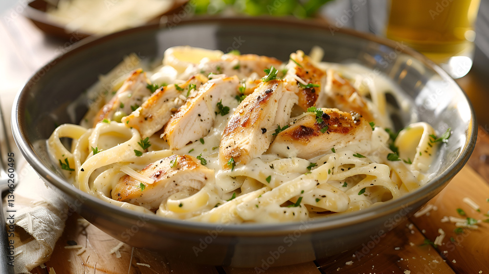A warm and inviting bowl of creamy chicken alfredo pasta with tender chicken pieces and a sprinkle of Parmesan cheese, served in a white ceramic bowl, Pasta, Generative AI
A warm and inviting bowl of creamy chicken alfredo pasta with tender chicken pieces and a sprinkle of Parmesan cheese, served in a white ceramic bowl, Pasta, Generative AI