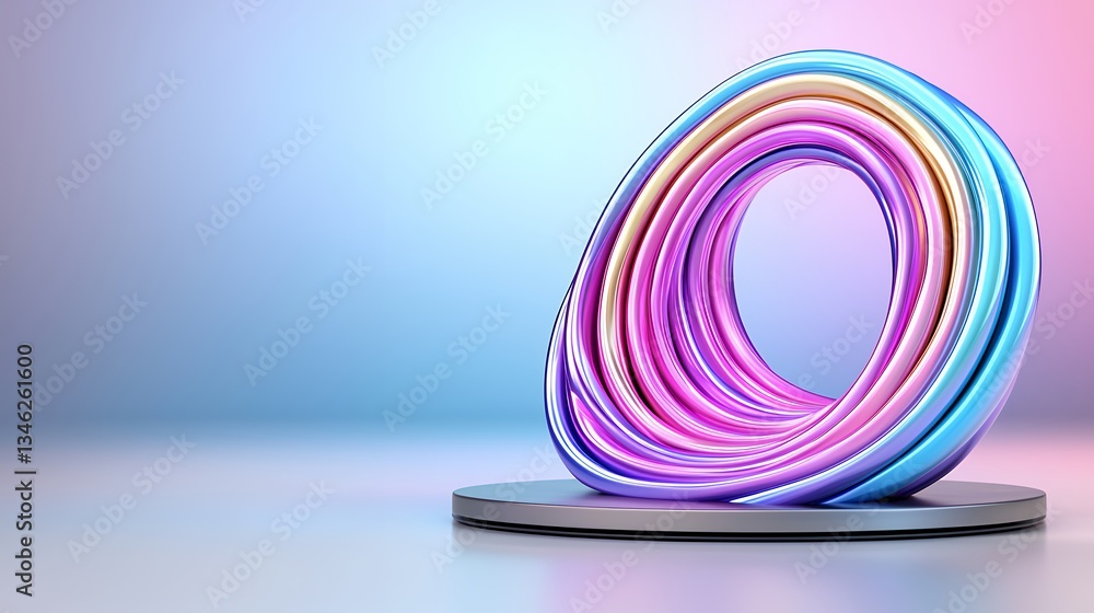 Obraz premium Abstract Colorful Swirling Ring Sculpture on Platform